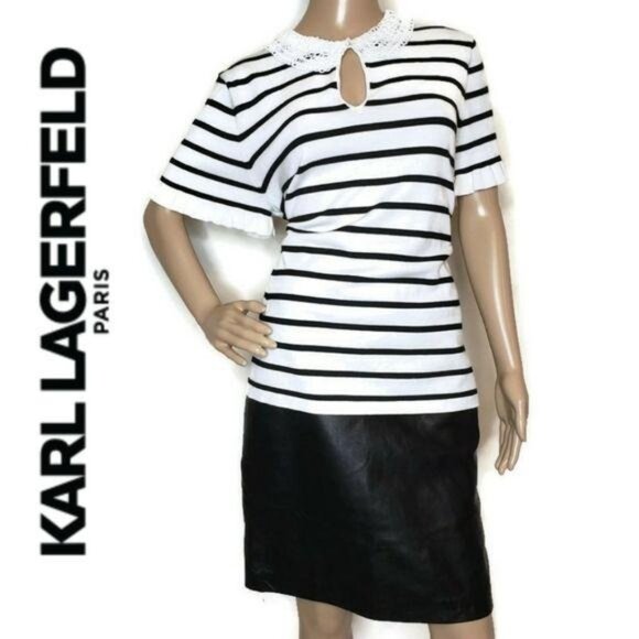 Karl Lagerfeld Paris Women's Striped Knit Top With Crochet Collar & Keyhole L - Picture 2 of 8